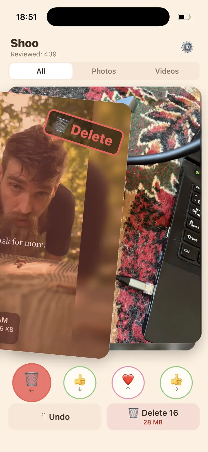 Swiping left: the photo is stamped “Delete”
