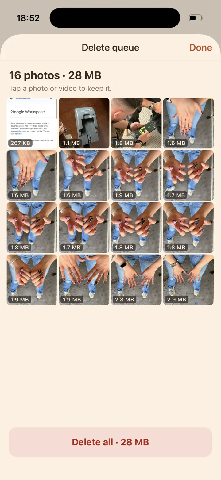 Shoo delete queue: a grid of 16 photos, 28 MB, with a “Delete all” button