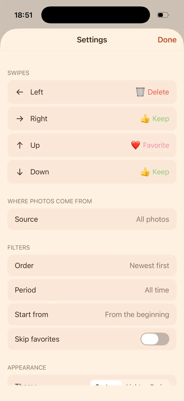 Shoo settings: an action for each swipe direction, the photo source and filters